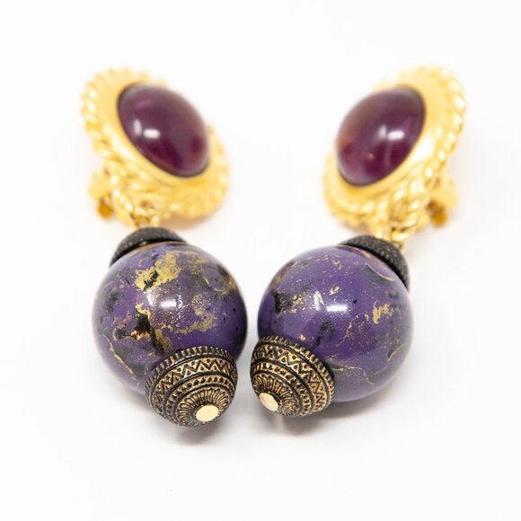 Leslie Block Vintage Clip-On Earrings – Gold & Purple Statement Dangle Signed - Picture 11 of 13